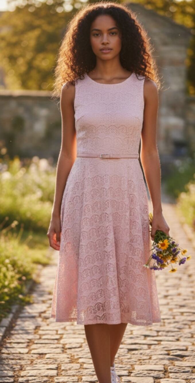Danny & Nicole Pink Lace Fit & Flare Dress Sleeveless Belted Midi Size 12